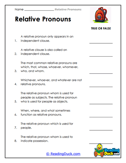 Relative Pronoun Review Worksheet
