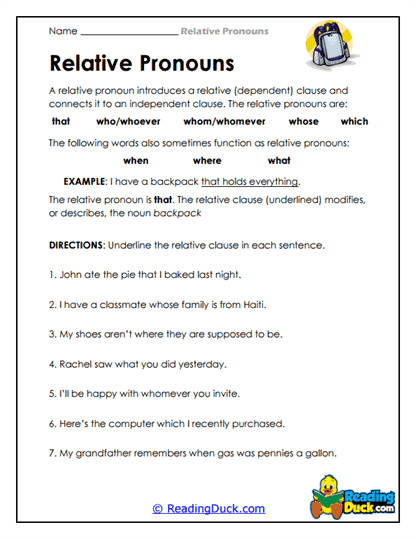 Relative Pronouns Worksheets