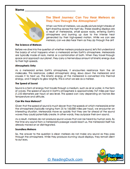 Meteor Reading Comprehension Worksheets | Reading Duck.com
