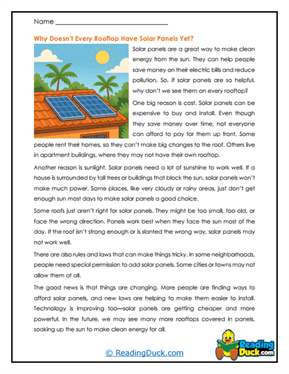 Solar Power Reading Comprehension Worksheets