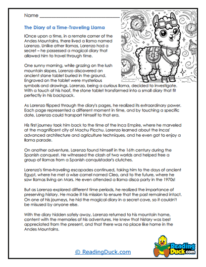 The Diary of a Time-Traveling Llama Worksheet
