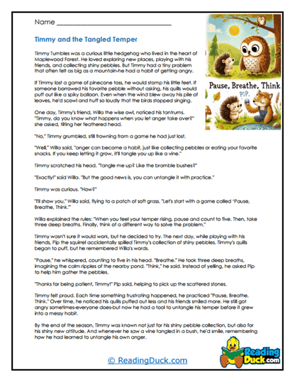 Timmy and the Tangled Temper Worksheet