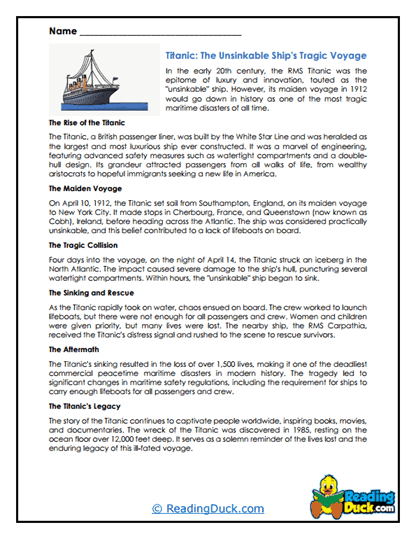 Titanic Tragedy Worksheet