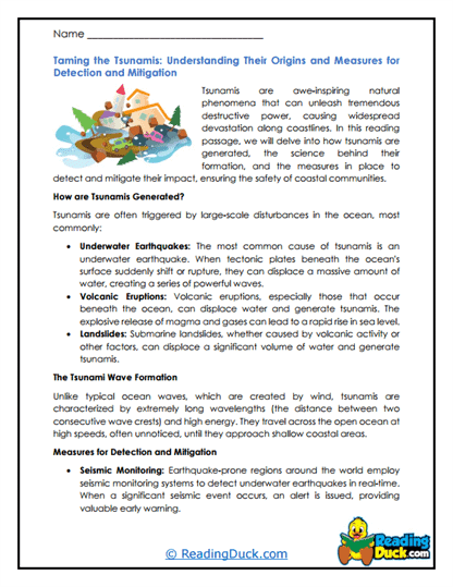 Tsunami Terrors Worksheet