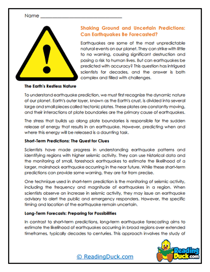 Unpredictable Quakes Worksheet