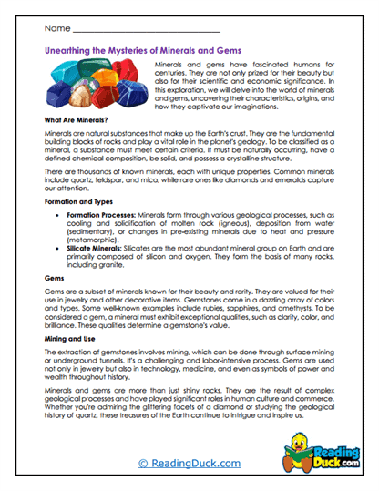 Mystery of Gems Worksheet