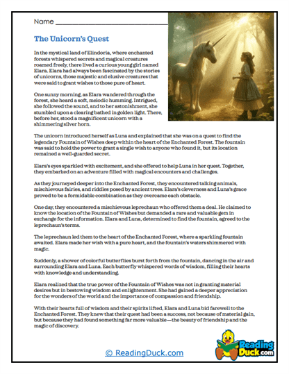 The Unicorn's Quest Worksheet