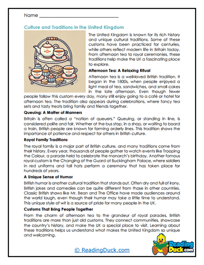 British Traditions Worksheet