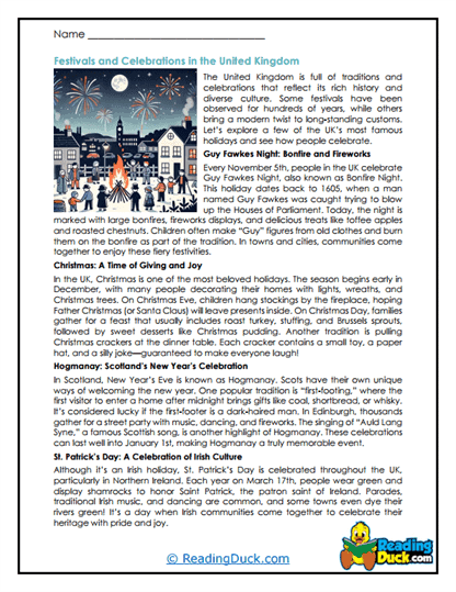 UK Festivals Worksheet