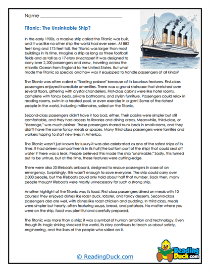 The Unsinkable Ship Worksheet